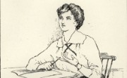 Wartime line drawing of a woman at a desk