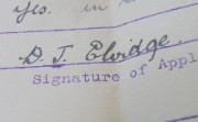 Doris Elvidge's signature on her job application to the bank, 1916