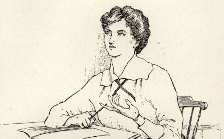Wartime cartoon of a woman at a desk