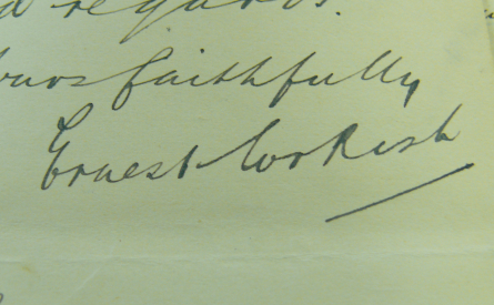 Ernest Corkish's signature on a letter to the bank